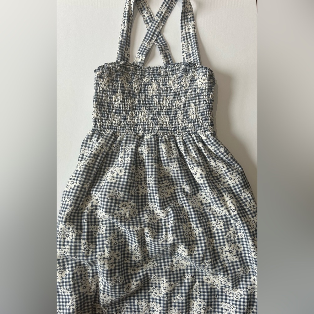 American Eagle Outfitters Smocked Blue Floral Gingham Apron Dress